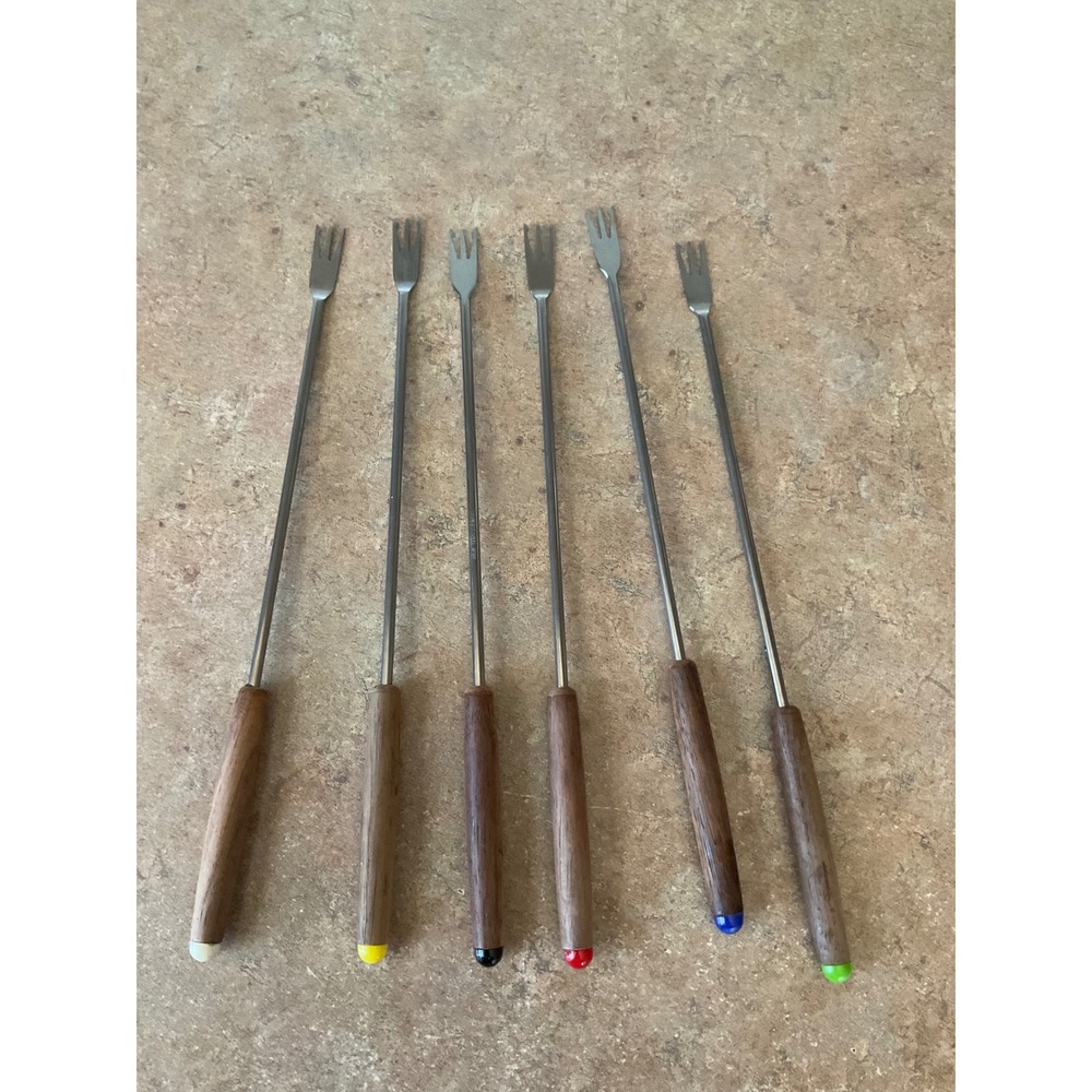 Vintage Fondue Forks Set 6 Stainless Steel Japan Teak Wood Handles Multi Color